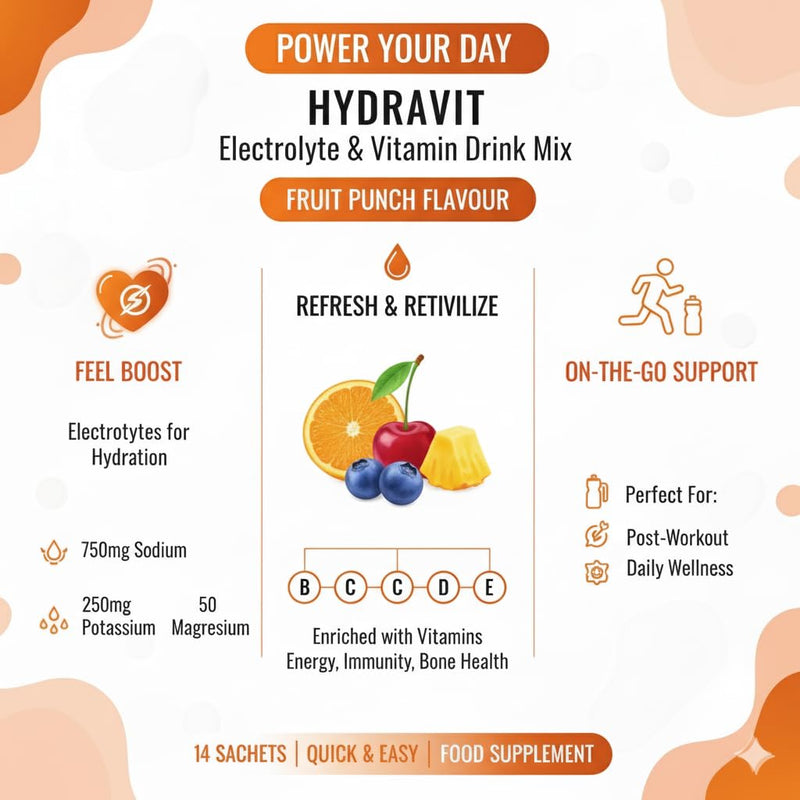 Hydravit Electrolyte Powder – 1000mg Electrolytes + 4 Vitamins – Fruit Punch Flavour – 30 Servings – Low Calorie, Vegan Hydration Mix