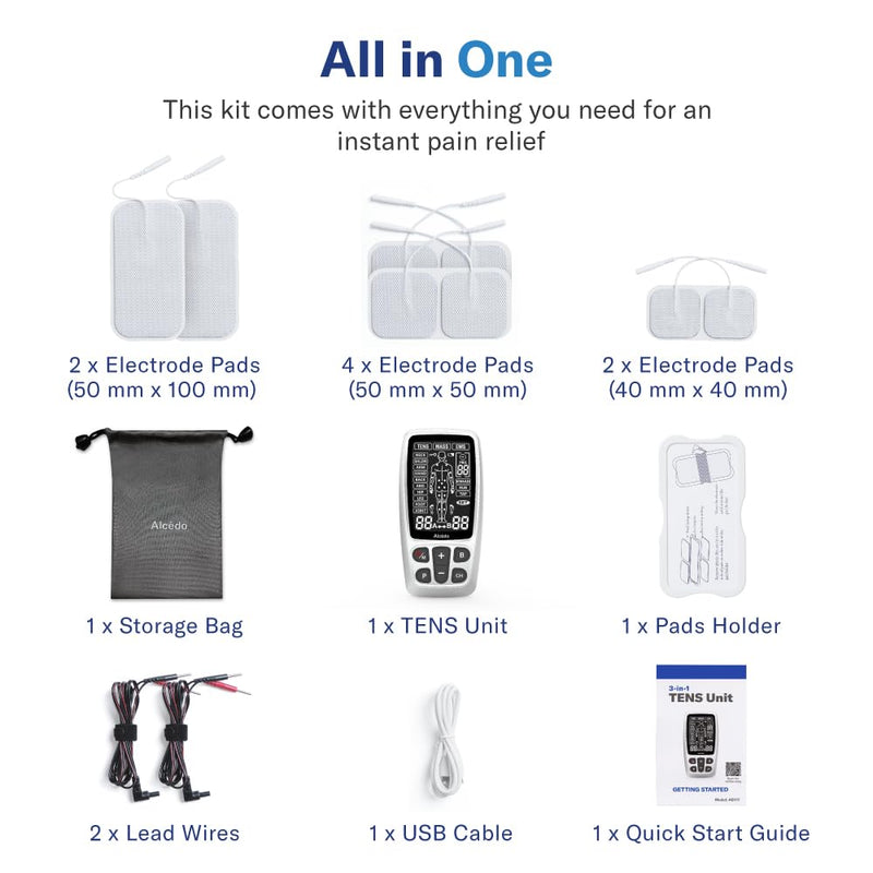 Alcedo Rechargable TENS+EMS Muscle Stimulator for Pain Relief | 3-in-1 Dual Channel, 40 Levels, 41 Programs, 8 Reusable Pads (3 Sizes), A/B Control, Back/Neck Pain