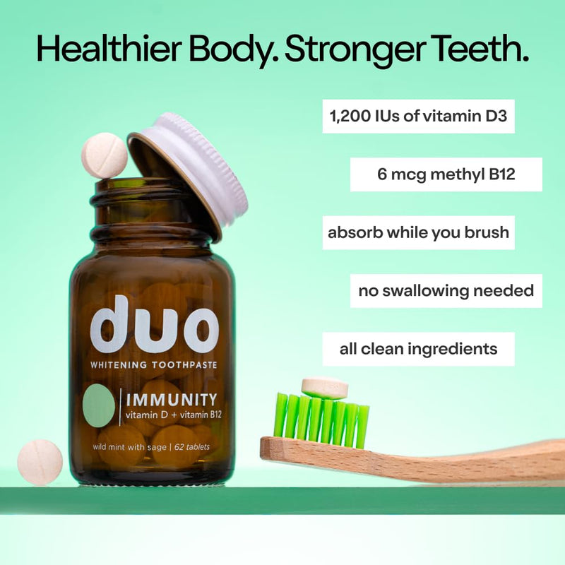 Duo Toothpaste Tablets, Vitamin D3 B12, Nano-Hydroxyapatite, Wild Mint | Nano-hydroxyapatite, enamel remineralization, gentle whitening, sensitivity relief, vitamin D3 and B12, wild mint sage taste Immunity 62 Count (Pack of 1)