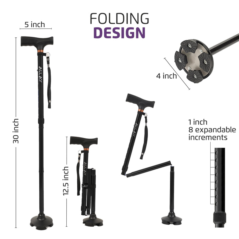 [Australia] - Allay Walking Cane for Men & Women - Foldable, Adjustable, Collapsible Walking Canes for Seniors Balance, Free Standing, Pivot Tip, Heavy Duty, with Travel Bag | Walking Sticks for Seniors & Adults Black 