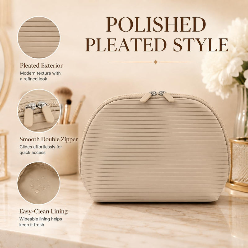 Standing Fold Down Parallel Travel Makeup Bag for Women, Cosmetic Organizer with Multi-Compartments, Stand Bag Organizes skincare, Makeup and Brushes (Premium Version, Bisque, Medium)