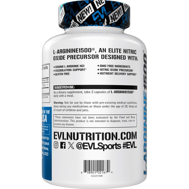 [Australia] - Evlution Nutrition Nitric Oxide Booster L-Arginine Supplement - High Potency Nitric Oxide Supplement with 1500mg of L Arginine HCL for Enhanced Pumps Energy Muscle Growth and Vascularity NO Booster 