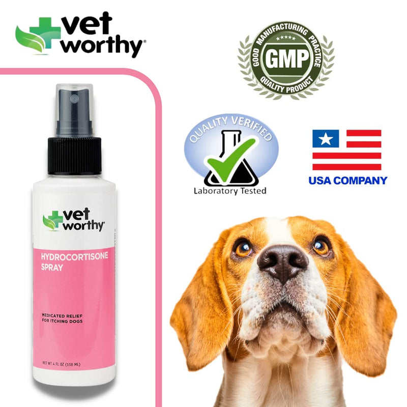 Vet Worthy Hydrocortisone Spray for Dogs - Medicated Itch Relief for Hot Spots, Eczema, Bites, Skin Irritations - Dog Wound Care Spray with Hydrocortisone Acetate and Aloe Vera - 4oz. - PawsPlanet Australia