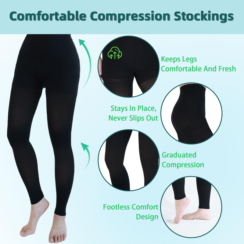 [Australia] - 2 Pairs 20-30mmHg Compression Pantyhose for Women, Medical Graduated Compression Stockings Leggings Footless Support Compression Tights for Varicose Veins, Swelling, Edema Large Footless/Black+Beige 