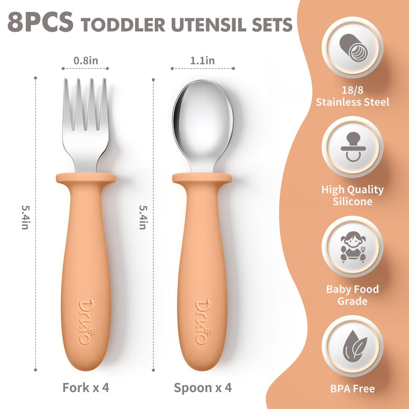 [Australia] - 8 Pieces Toddler Utensils Set - Kids Silverware Set with Silicone Handle Children Safe 18/8 Stainless Steel Forks and Spoons Anti-Choke Design Food Grade Dishwasher Safe 
