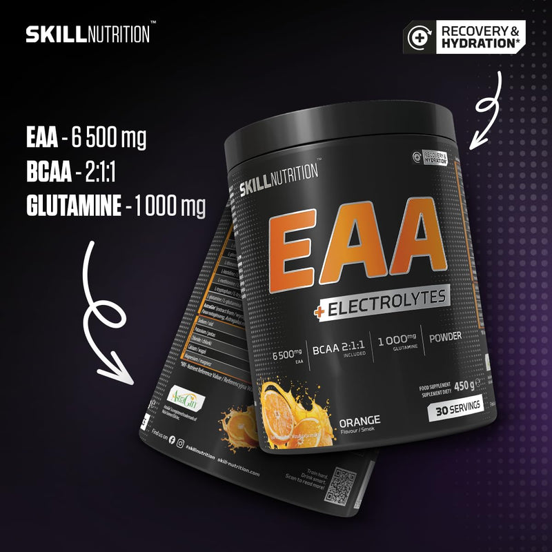 Skill Nutrition EAA + Electrolytes - Orange Flavour | 6.5 g EAA per Serving | BCAA 2:1:1, 1000 mg L-Glutamine, Electrolytes & AstraGin® | Powder Supplement | 450 g