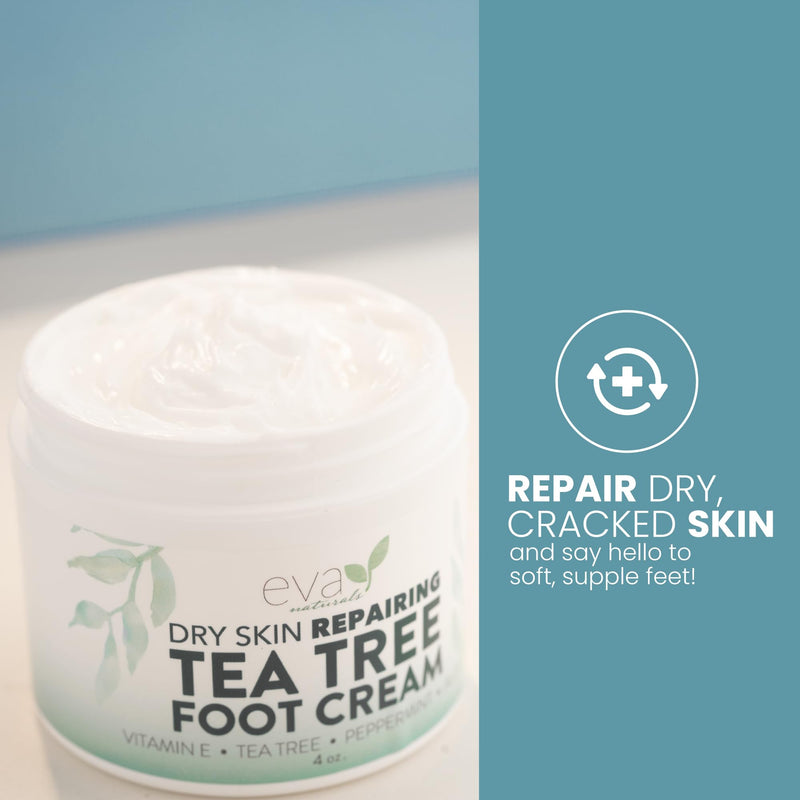 Eva Naturals Tea Tree Foot Cream with Peppermint, Menthol & Aloe, 4 fl oz | Dry & cracked heels, feet, spearmint, sunflower oil, geranium, lotion & balm, for men & women 4 Fl Oz (Pack of 1)