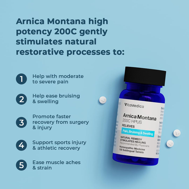 [Australia] - VitaMedica Arnica Montana 200C Rapid Dissolve Tablets for Natural Pain, Bruising, and Swelling Support - High Potency Homeopathic Medicine for Injury and Surgery Recovery - 150 Ct - 50 Servings 