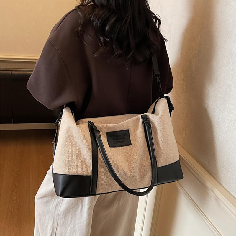 Travel Duffle Bag for Women, Canvas Carry On Weekender Overnight Bags with Wet Pocket, Gym Tote Bag for Business Trip Sports (Beige Black) Beige Black