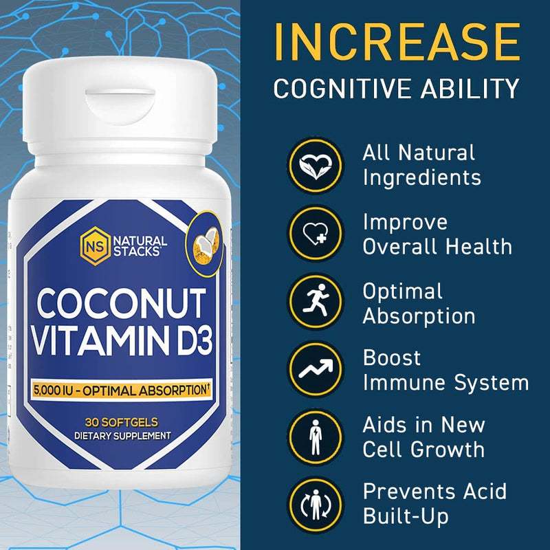 NATURAL STACKS Vitamin D 5000 IU Supplement - with Coconut Oil for Optimal Absorption - Vitamin D Pills for Immunity & Cell Growth - D3 125mcg Cholecalciferol Supplement - 30 D3 Servings (Pack of 2) 30 Count (Pack of 2) Vitamin D3
