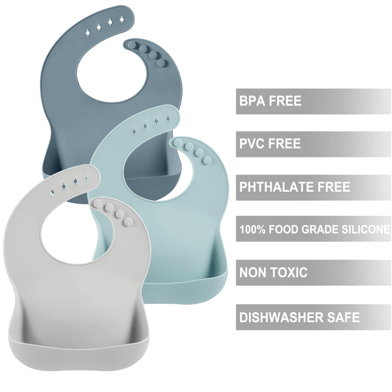 [Australia] - PandaEar 3 Pack Silicone Bibs for Boys Girls for Babies & Toddlers, Adjustable Waterproof Eating Bibs for Boys Girls, BPA Free Soft Durable Silicone Bibs with Large Food Catcher 