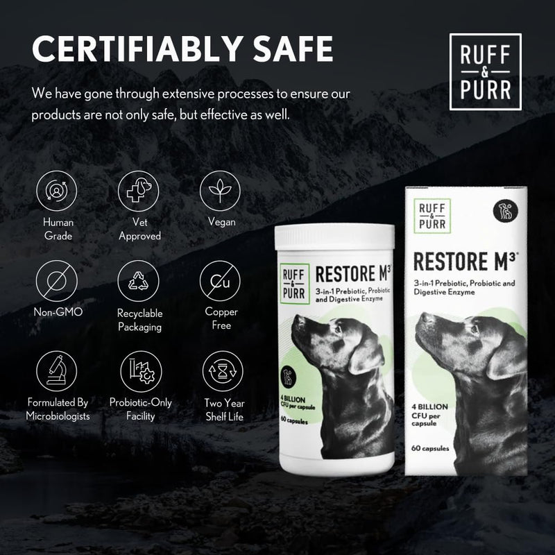 Ruff & Purr Probiotics for Dogs – Multi-Strain Probiotics and Prebiotics for Gut Health, Immune Support, Healthy Skin and Coat – Clinically Studied DE111 & PreforPro – 60 Easy to Give Capsules - PawsPlanet Australia
