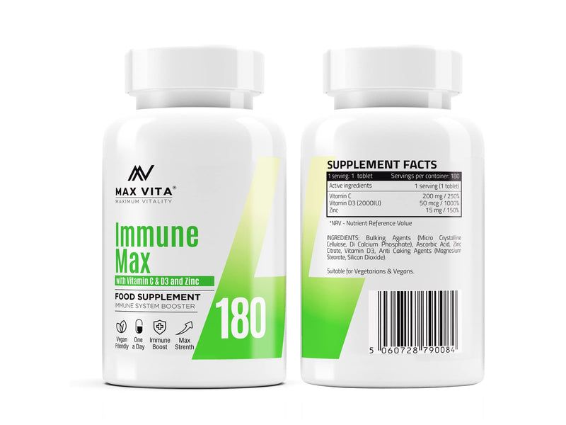 Vitamin C with Zinc 15mg & Vitamin D3 2000IU Multivitamin for Men & Women Immune Booster Strong Bones Teeth - 180 Vegan & Vegetarian Tablets Made in The UK