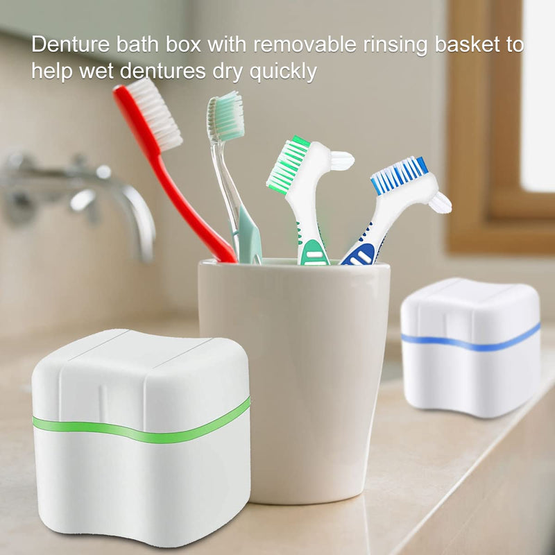 [Australia] - Prosthesis box, denture case, denture container, for false teeth storage cleaning, for orthodontic box, 2 pieces braces box + 2 denture cleaning brushes, green + blue 