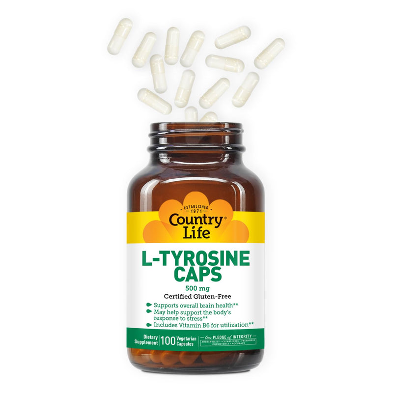 Country Life L-Tyrosine 500mg with Vitamin B6 Supplement - Certified Gluten-Free, Vegetarian, Kosher, Boosts Focus & Energy, Supports Brain Health, Enhances Mental Clarity, Non-GMO - 100 Capsules