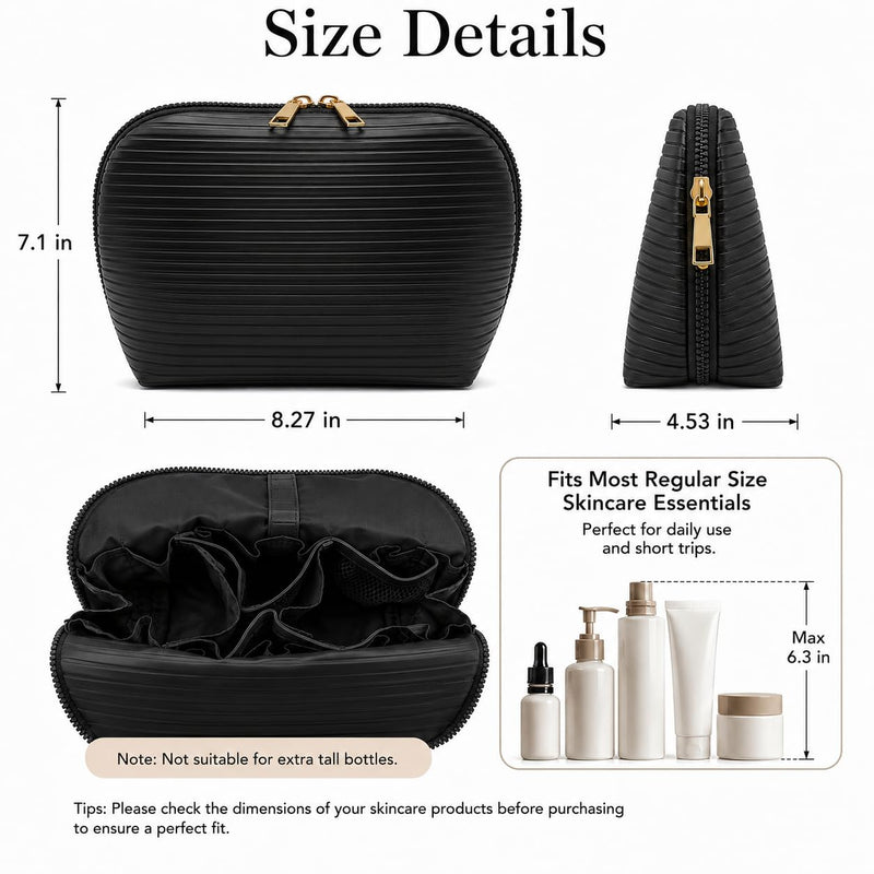 Waterproof Fold-Down Travel Makeup Bag for Women, Cosmetic Organizer with Multi-pocket, Stand Toiletry Bag (Basic Version, Black, Medium)