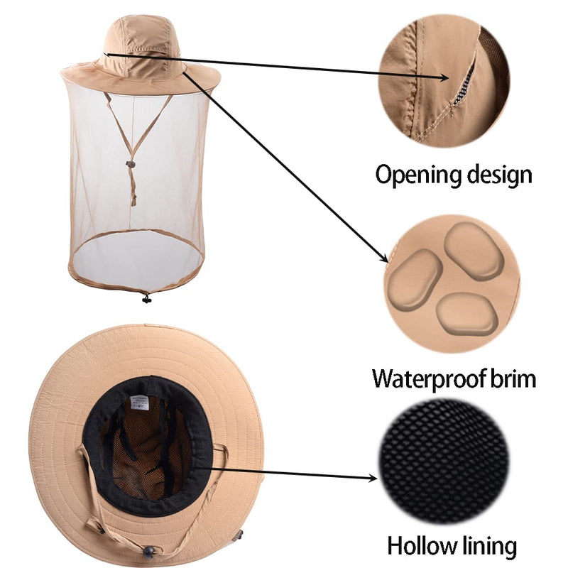 [Australia] - HunterBee Mosquito Net Hat Insect Hats with Net Beekeeper Beekeeping Veil Hat Safari Hiking Gardening Mesh Hood Khaki 