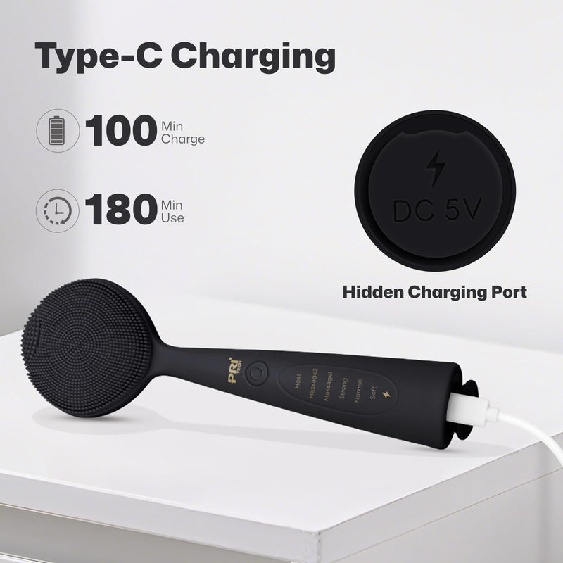 PRITECH Facial Cleansing Brush, Rechargeable Silicone Face Scrubber with Constant-Temperature Heating, Vibrating Exfoliator Scrubber for Deep Pore Cleaning, Waterproof Face Brush for Women & Men-Black Black