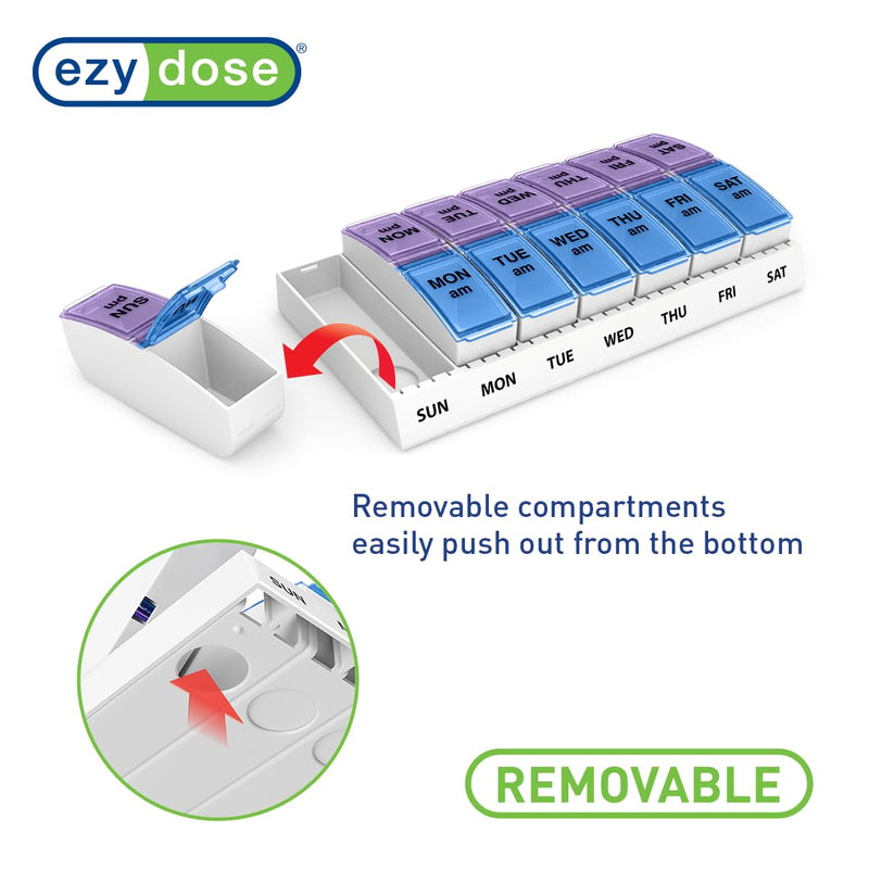 EZY DOSE Weekly AM/PM Pill Organizer, 7-Day Vitamin Container and Daily Medication Box with Large Pop-Out Compartments, 2 Times a Day Pill Holder, Blue and Purple Lids, Travel-Friendly Design
