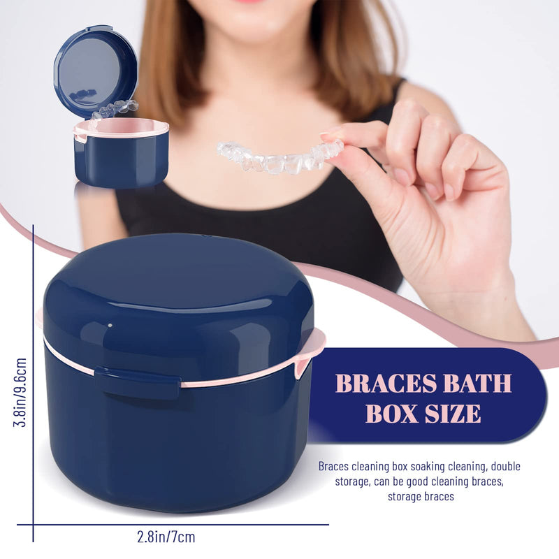 2 Pack Denture Case with Strainer Basket, Denture Cup, Retainer Case, Denture Bath Box, False Teeth Container for Travel Cleaning (Blue) Blue