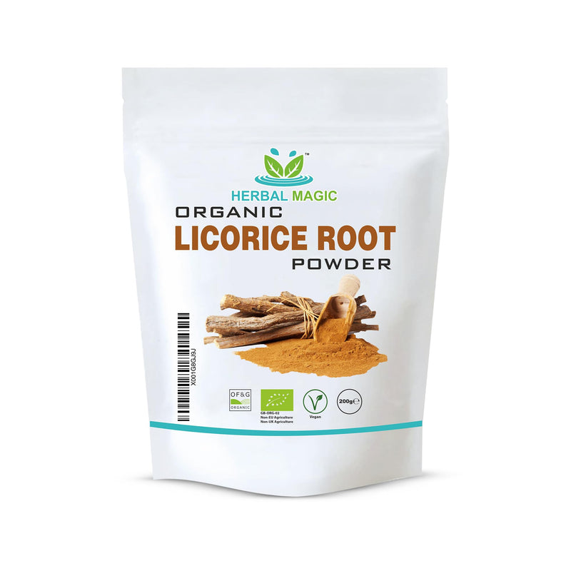 Herbal Magic's Organic Licorice (Liquorice) Root Powder (Mulethi Powder) Natural Skin Hair Mask - Revered Herb in Ayurveda - Sparkle Your Smoothies, Shakes, Baking 1x 200g Pack only 200 g (Pack of 1)