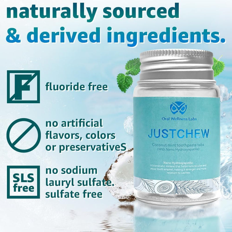 Toothpaste Tablets - Nano Hydroxyapatite,Fluoride & Plastic Free, Eco & Travel Friendly，Natural Whitening Toothpaste - Remineralize with NHA （2 Bottle / 2 Month-Coconut Mint） 100 Count (Pack of 1)