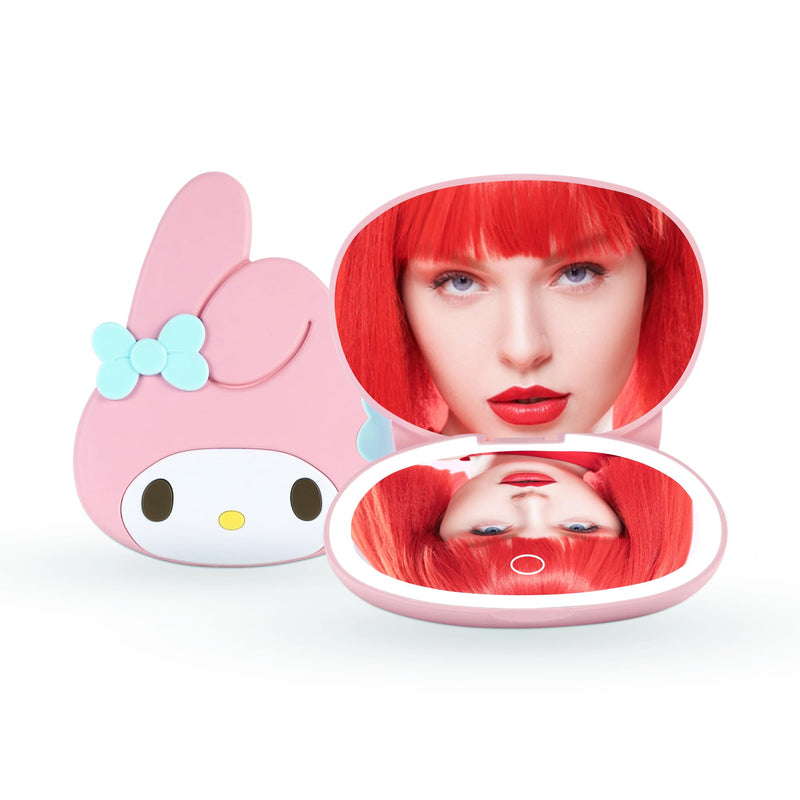 Impressions Vanity My Melody LED Compact Mirror for Purse, Travel Lighted Makeup Mirror with 3X Magnification, Adjustable Brightness, Soft Touch Sensor Button, and My Melody Figural Shaped Design