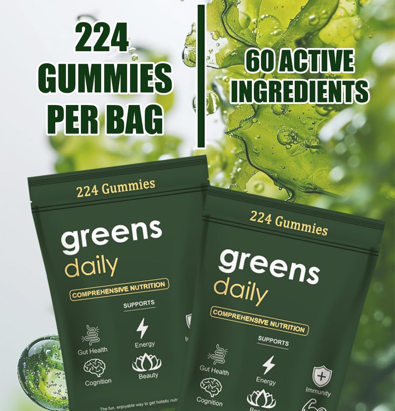 [Australia] - Greens Gummies - Organic Chlorella and Spirulina, Digestive & Gut Health, Formulated with 60+ Ingredients, Multi-Vitamins & Minerals, Daily Gummies, 224 Gummies Bear 