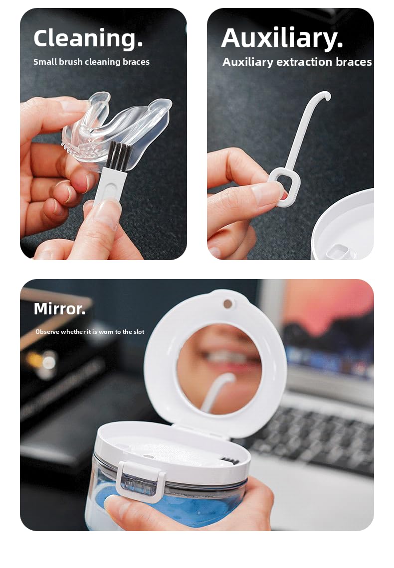 [Australia] - Automatic Rising Denture CleanserCup, Denture Case with RemovableBasket,100% Leakproof Retainer &Night Guard Cleaner Box,includesTravel Mirror & Brush, BPA-Free 