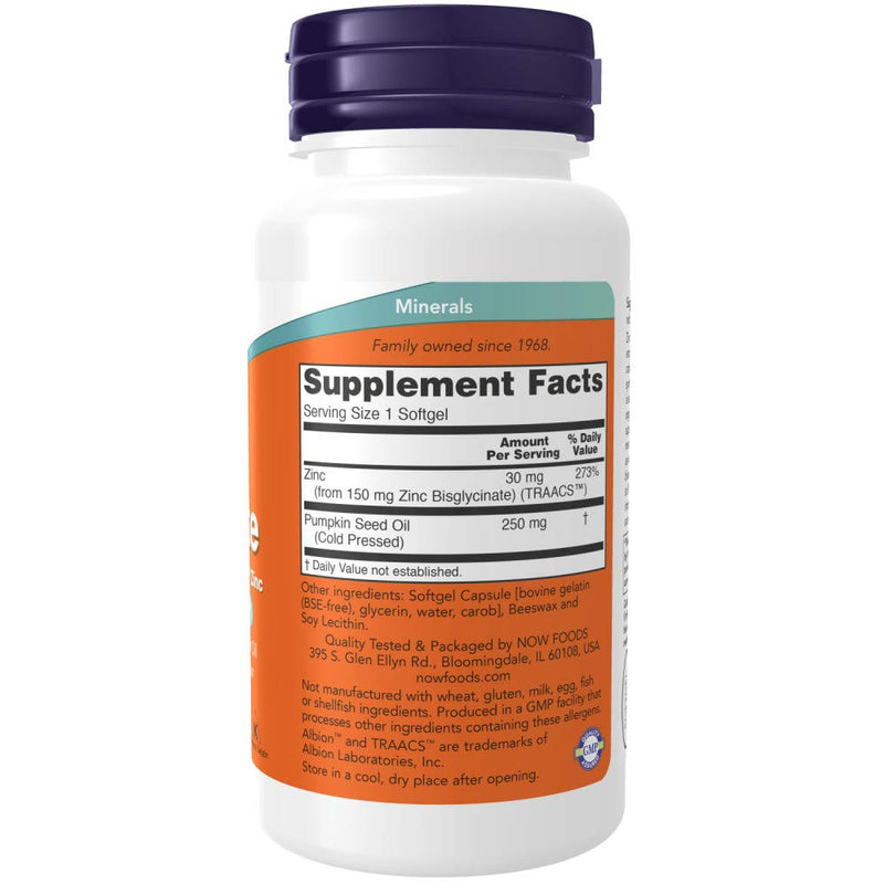 Now Supplements, Zinc Glycinate with 250 mg Pumpkin Seed Oil, Supports Prostate Health*, 120 Softgels