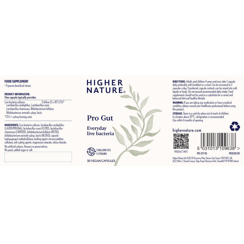 Higher Nature - Pro Gut - High Strength Probiotic Cultures - Multi-Strain Probiotic for Digestive System - Everyday Live Bacteria - 5 Billion CFUs - for Good Gut Flora, Gas & Bloating - 30 Capsules