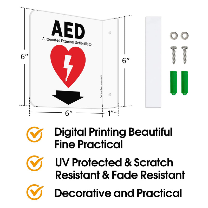 [Australia] - Faittoo AED Sign, AED Automated External Defibrillator with Down Arrow Sign, 6x6 Inches 90D Projection - Acrylic, 2 Pre-Drilled Holes, Includes Matching Screws, Use for Home Office/Business, 2 Pack 