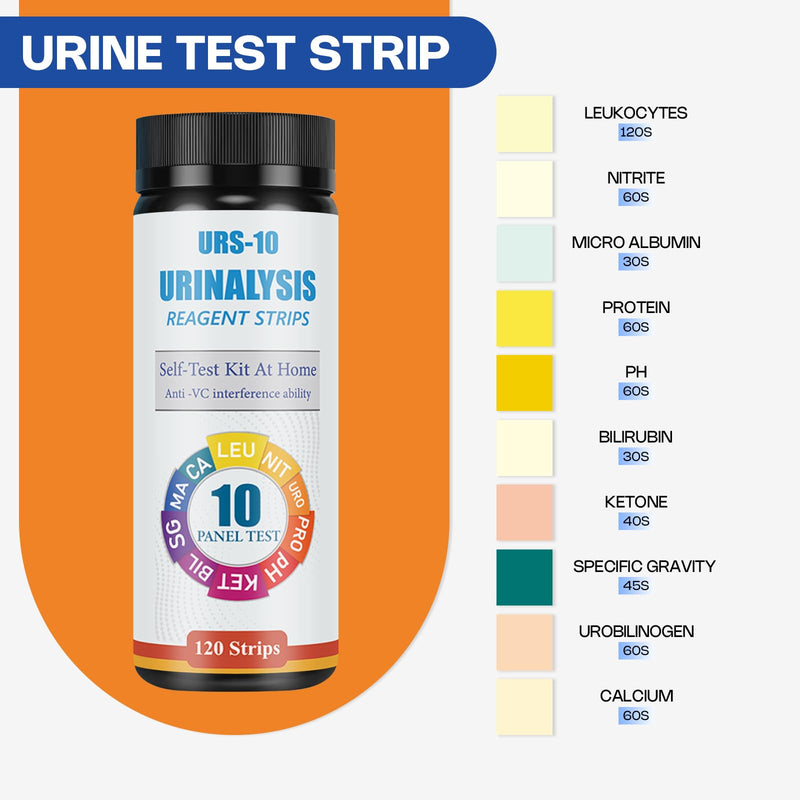 [Australia] - 10-in-1 Urine Test Strips - 120 CT | Comprehensive Urinalysis for LEU, NIT, URO, PRO, pH, KET, BIL, SG, Calcium, and Microalbumin | Home Urinalysis Test Strips for Bladder and Urinary Tract Infections 120 Count (1 bottle) 