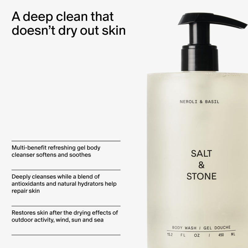 Salt & Stone Body Wash for Women & Men, Neroli & Basil 15.2 fl oz | Shower Gel, Sulfate-Free, Paraben-Free, Dye-Free, Vegan, Hydrating & Moisturizing with Antioxidants, Vitamin C, Niacinamide 15.2 Fl Oz (Pack of 1)