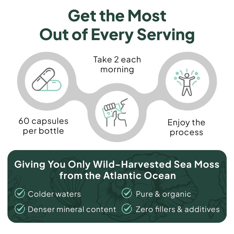 [Australia] - Wild Sea Moss Capsules - 100% Organic Irish Sea Moss with Organic Chlorella, Bladderwrack and Vitamin D for Energy, Lung Health and Thyroid Support for Women and Men - 60 Capsules 