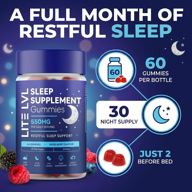 LITE LVL Sleep Gummies for Adults | High Strength with Lemon Balm, Camomile, Lavender & L-Theanine for Relaxation & Sleep Support | Aids Natural Melatonin Production | 60 Vegan & Sugar Free Gummies