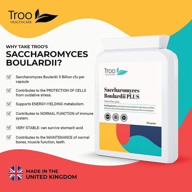 Troo Health Care Saccharomyces Boulardii Supplement - 90 Capsules – 5 Billion cfu with Olive Leaf, Biotin and Vitamin D - Highly Stable Friendly Yeast to Support Gut Bacteria Balance