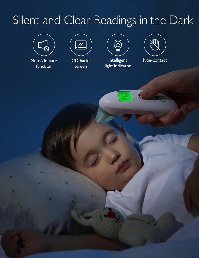 [Australia] - Momcozy Non-Contact Forehead and Ear Thermometer, Digital Infrared Thermometer for Adults and Children, with Child Mode, Fever Alarm Function, Mute and Memory Functions, Fast and Accurate Measurement Green 