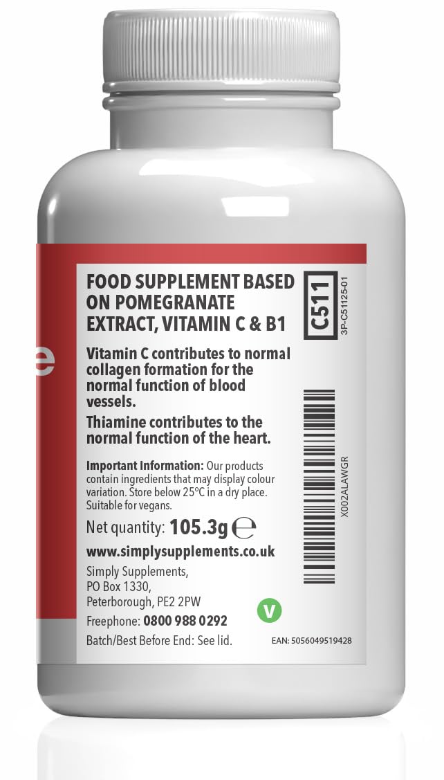 Pomegranate Extract 30,000mg | Supports Immune & Collagen Formation | Vitamin C & B1 for Antioxidant and Immune Support | Vegan & Vegetarian Friendly | 240 Tablets = 80 Days’ Supply | Made in The UK Unflavoured 1 count (Pack of 240)