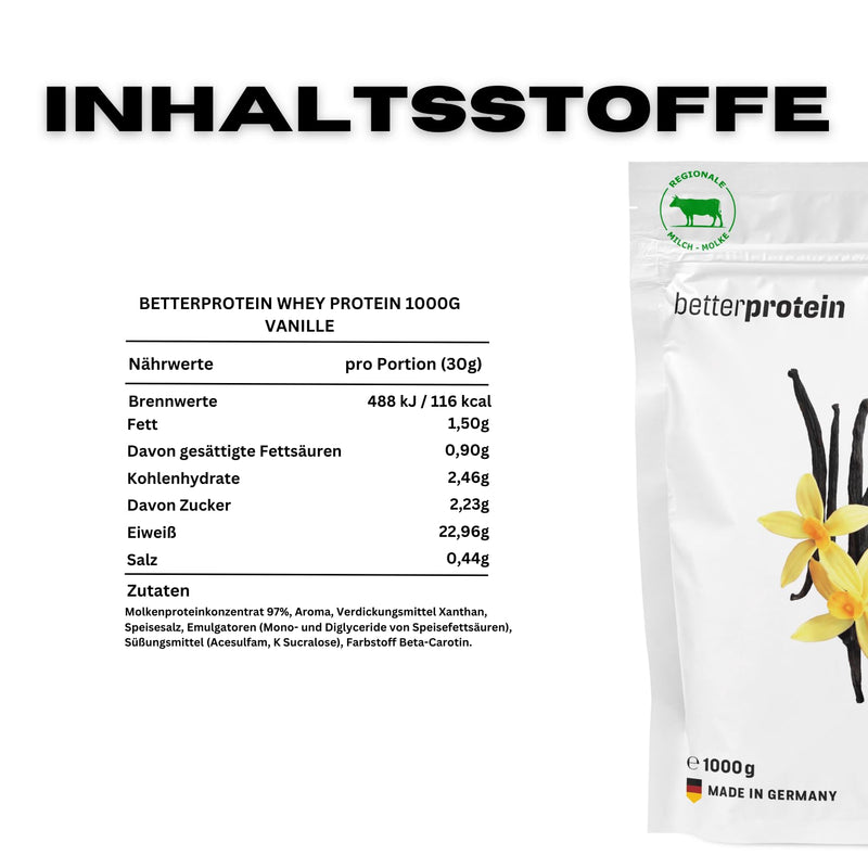 [Australia] - Whey Protein - Vanilla 1 kg - Produced in Germany from regional milk - BetterProtein® - Protein powder for building muscle and losing weight - Bag 