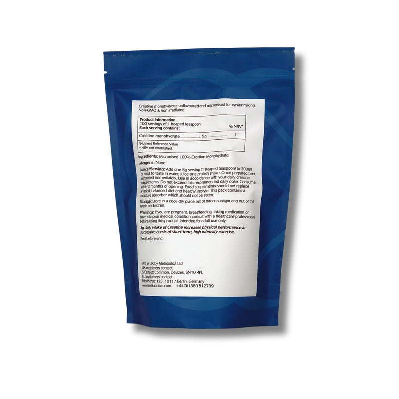 Metabolics Micronised Creatine Monohydrate Powder 5g Serving — Pure, Unflavoured, Additive-Free — UK Made GMP Certified — Strength, Power, Muscle Energy, Performance & Recovery Support — Vegan