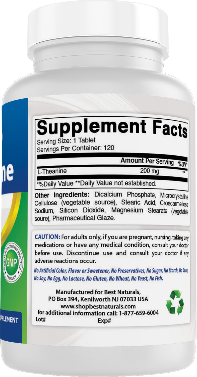 Best Naturals L-Theanine 200mg per Tablet (400mg per 2 Tablets) - Promotes Relaxation Without Drowsiness - 120 Vegetarian Tablets - (120 Count (Pack of 1)) 120 Count (Pack of 1)