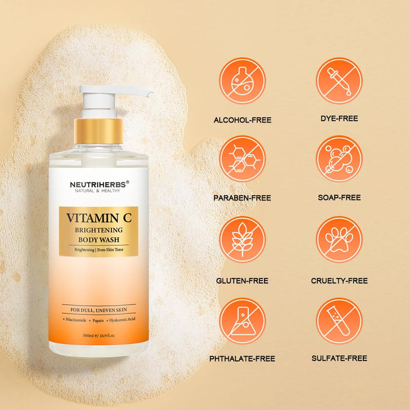 Neutriherbs Brightening Body Wash for Dull,Uneven Skin,Vitamin C Shower Gel | Daily Shower Soap for Women and Men, Enriched Papain, Niacinamide, Fresh Citrus Scent 16.9fl oz, Gentle Cleansing Skincare