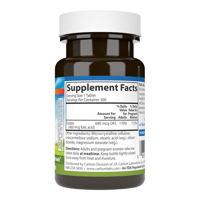 Carlson - Folic Acid, 400 mcg, Provides Important Prenatal Support, Fetal Development, 300 Tablets (Pack of 2) 300 Count (Pack of 2)