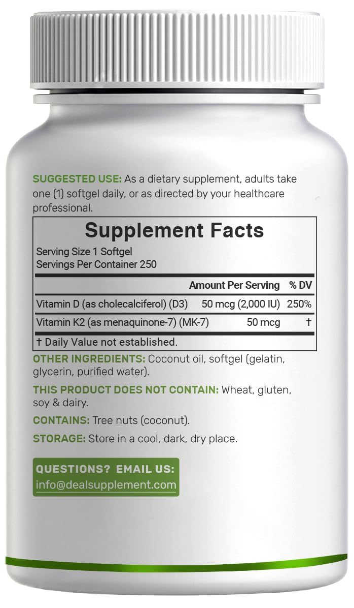 DEAL SUPPLEMENT Vitamin D3 2,000 IU + K2 MK7 50mcg Softgels | 2-in-1 Complex with Virgin Coconut Oil | Supports Heart, Bone, Teeth & Immune Health | Easy to Swallow