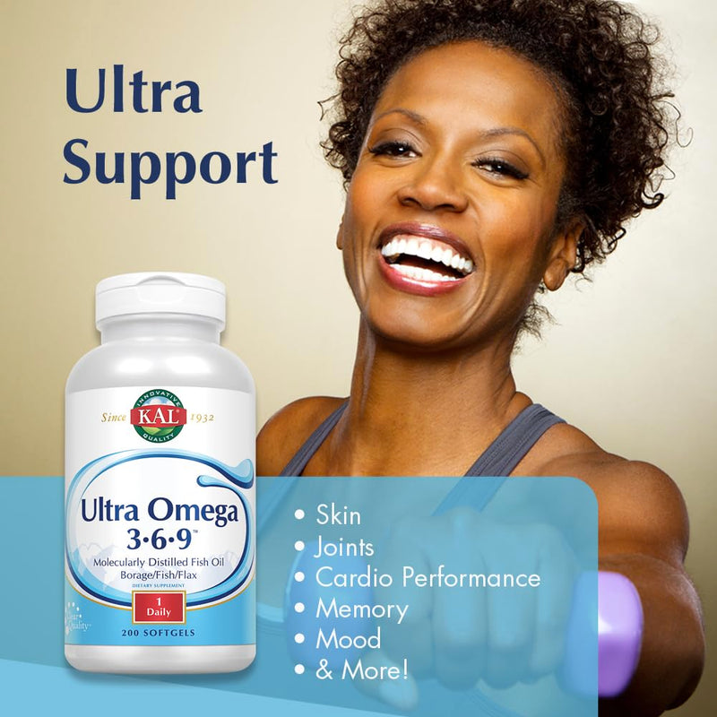 KAL Ultra Omega 3-6-9 1200mg | Fish Oil w/Cold Pressed Flaxseed & Borage Oil | Skin, Hair, Heart, Memory | 200 Softgels 200 Count (Pack of 1)