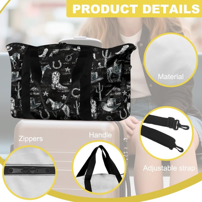 Western Horse Print Travel Duffel Tote Bag Foldable Carry On for Women, Cactus Cowboy Boots Pattern Lightweight Gym Bags for Sport, Road Trip Western Cow Boy Cactus