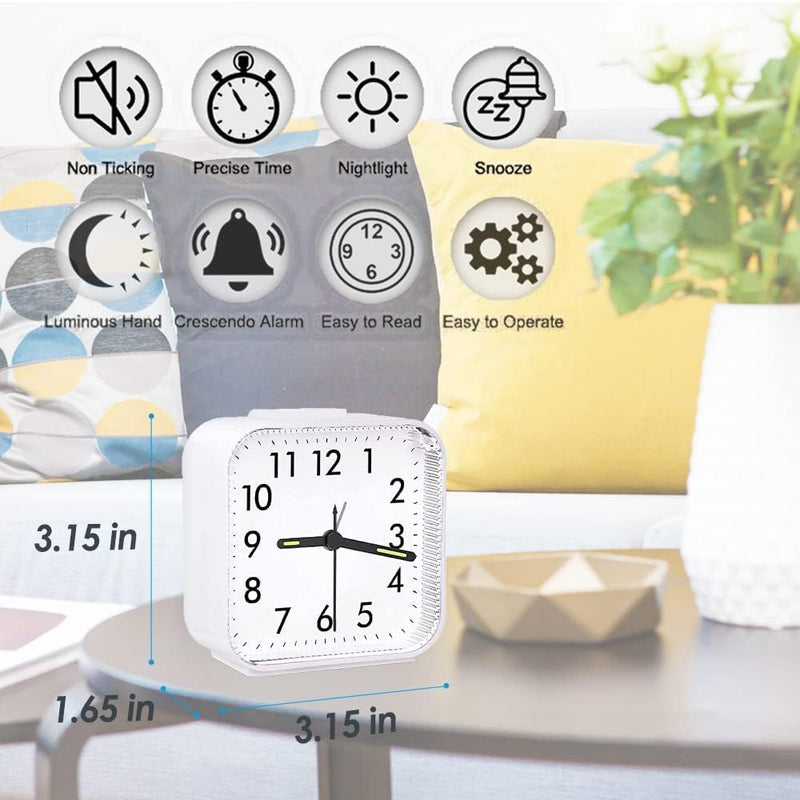 [Australia] - Ultra Small, Peakeep Battery Travel Alarm Clock with Snooze and Light, Silent with No Ticking Analog Quartz (White) White 