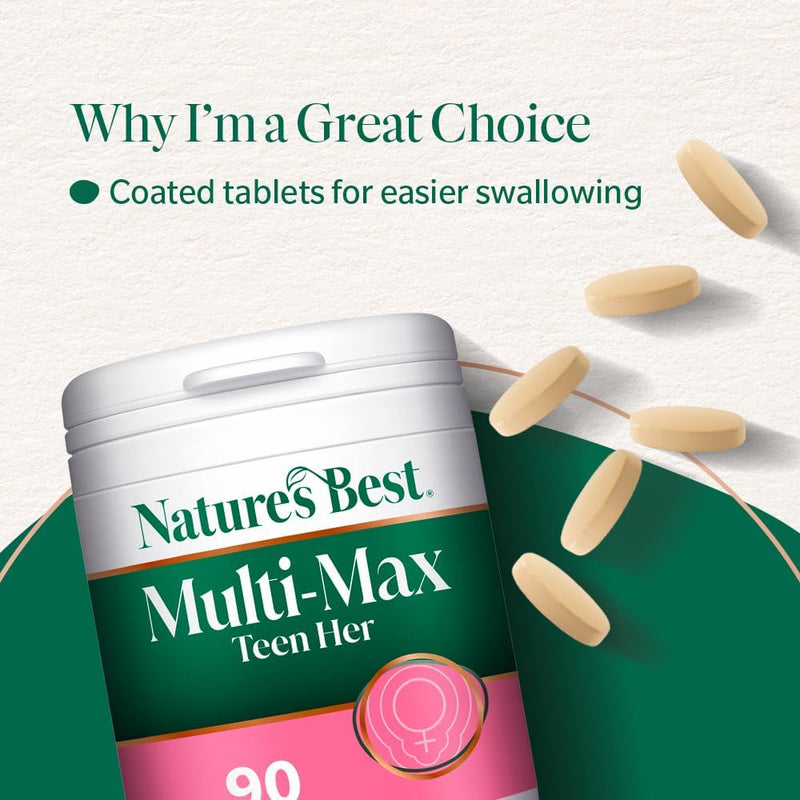Nature's Best Multi-Max Multivitamin for Teen Her - Growth & Development Support for Girls 13-19 - with Iron, Vitamin B6 & Vitamin C - UK Made - 90 Tablets (3 Months' Supply)