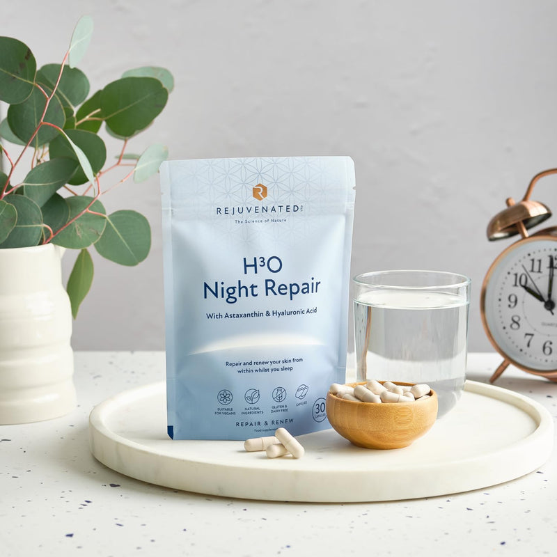 Rejuvenated H3O Night Repair - Antioxidants, Vitamins & Hyaluronic Acid Blend for Skin Hydration & Repair During Sleep with Astaxanthin & Hyaluronic Acid (30 Capsules) H30 Night Repair 30 count (Pack of 1)
